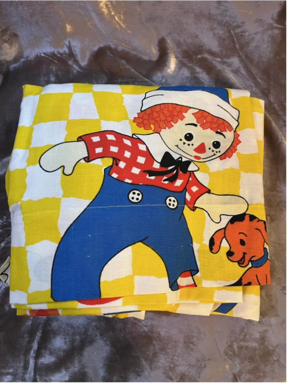 vintage raggedy ann and andy curtain panel pair set yellow checkered SEE PICTURE